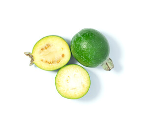 Feijoa fruits on white background. Tropical ripe feijoa fruits.