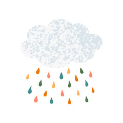 Vector colorful hand drawn illustration of rain cloud in cartoon scandinavian style isolated on white background for kids. For design poster, card, banner, t-shirt print, invitation, greeting card