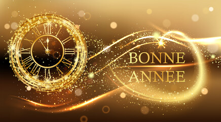 carte ou bandeau sur Bonne Année 2021 en or sur un fond noir et or en dégradé avec une horloge couleur or et des paillettes