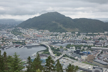 View of Bergen city from Mount Floyen, Floyen is one of the city mountains in Bergen, Hordaland, Norway, and one of the city’s most popular tourist attractions