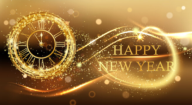 card or banner on Happy New Year 2021 in gold on a gradient black and gold background with a gold colored clock and glitter
