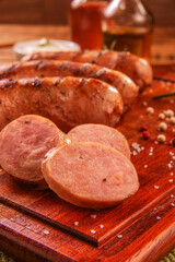 Brazilian pork sausage  BBQ - Churrasco de linguiça de suina close up