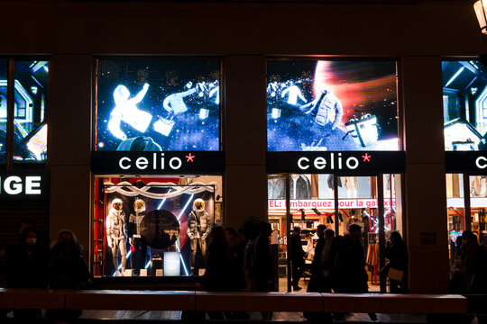 France, Paris - December 20 2020: Celio boutique on avenue des Champs Elysees at night