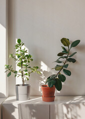 Two room plants in pots on white furniture cast shadows at plain wall as sun shines from side