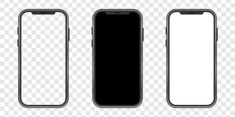 Realistic smartphone mockup. Modern mobile phone template isolated on transparent background. Vector set