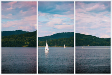 Triptych of sailing yachts on lake.