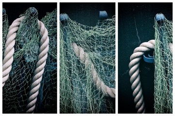 Fishing net and rope triptych. - obrazy, fototapety, plakaty