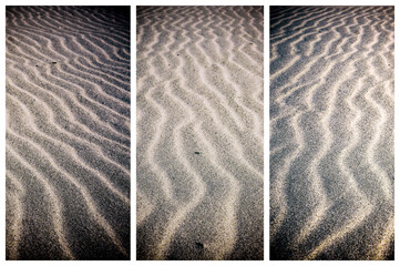Triptych of wavy lines pattern on sand.