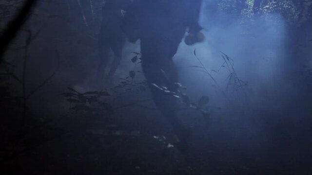 Rear view of frantic friends running in foggy woods at night
