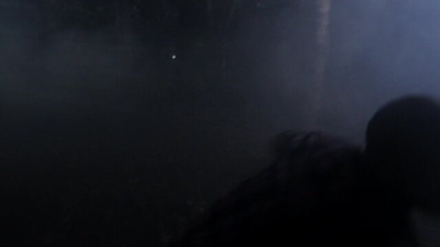 Frantic friends running in foggy woods at night