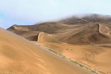 Misty dunes overlooking Sumu Barun Jaran Lake E.shore-Badain Jaran-Inner Mongolia-China-1175