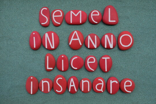 Semel in anno licet insanire, latin phrase meaning once in a year one is allowed to go crazy, composition with red colored stone letters over green sand