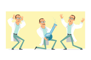 Cartoon flat funny strong doctor man character in white uniform and glasses. Boy scared and holding chemical flask with liquid. Ready for animation. Isolated on yellow background. Vector set.