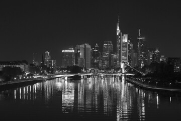 Fototapeta na wymiar Frankfurt Skyline at Night with Reflections - Black and White