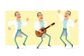 Cartoon flat funny strong doctor man character in white uniform and glasses. Boy jumping, dancing and playing on guitar. Ready for animation. Isolated on yellow background. Vector set.