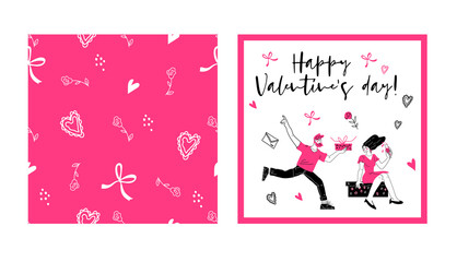 Set of backgrounds for Valentines Day with loving happy young couple and matching seamless pattern. Design for greeting Valentines cards and holiday decoration, hand drawn vector illustration.