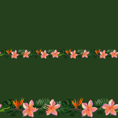 Seamless border of Tropical Hawaii leaves and flowers  isolated on green for duct tape, adhesive tape, ribbons, fabric trim, footer, letterhead. Gouache hand drawn illustrati © Olena