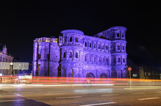 Trier "Porta Nigra" at Night with Light Rays
