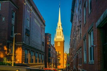 Sunlight shines on the Old North Church in Boston