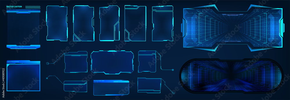 Poster frame sci hud. vector futuristic screens for gui, ui design. set titles, virtual reality cyberspace,