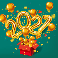 Obraz premium Happy New Year 2021 background. Gold realistic 3d balloons foil metallic numbers and helium balloons, gift box explosion of glitter gold confetti. Vector illustration celebrate festive party, poster