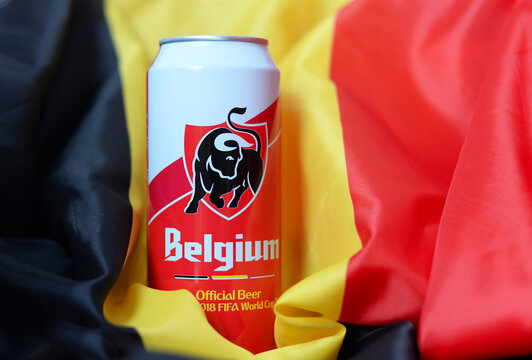 BRUGES, BELGIUM - JUNE 12, 2018: Belgium beer can created by official sponsor of the Belgian Red Devils Jupiler for the football World Championship in Russia in June 2018. Jupiler is a brand of Inbev