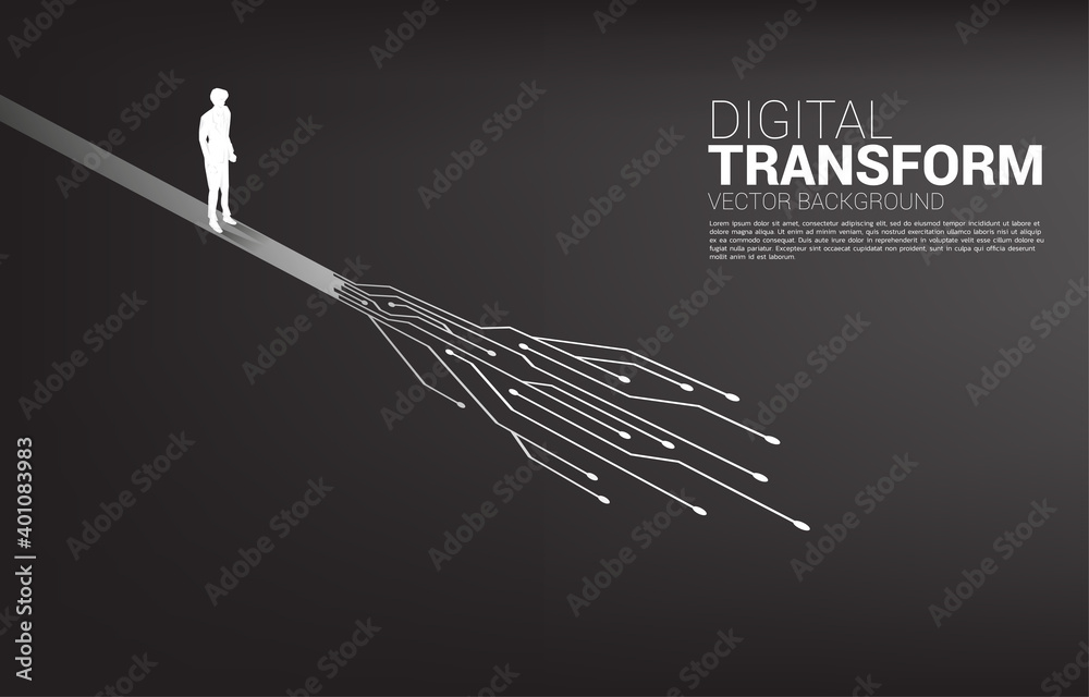 Poster silhouette of businessman standing on the way with dot connect line circuit. concept of digital tran