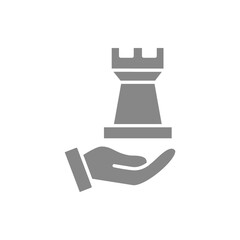 Rook chess on hand gray icon. Board game, table entertainment symbol