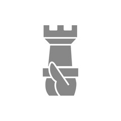 Hand holds a rook chess gray icon. Board game, table entertainment symbol