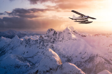 Airplane flying near the Beautiful Canadian Mountain Nature Landscape. Adventure Composite. Dramatic Sunset Sky. Background from near Vancouver, British Columbia, Canada.