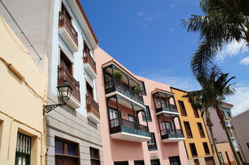  interesting colorful holiday houses in the streets of the Spanish city of Puerto De la Cruz in...