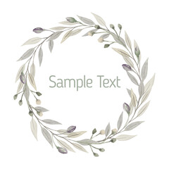 Delicate hand drawn watercolor wreath of leaves