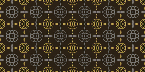 Decorative background pattern. Seamless wallpaper texture.  Color: black, gold and gray. Perfect for fabrics, covers, posters, home decor or wallpaper. Vector background image