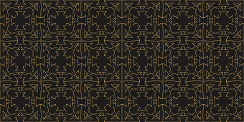 Dark wallpaper background, seamless pattern. Gold ornament on black. Perfect for fabrics, covers, posters, wallpaper. Vector background image