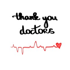 Thank you doctors text Black red Heart cardiogram illustration monoline. Romantic minimalism calligraphy love sign heartbeat. Hand drawn icon Valentines day. Medicine concept symbol for greeting card