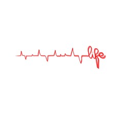 Life Red white Heart cardiogram illustration monoline art style. Romantic minimalism calligraphy love sign heartbeat. Hand drawn icon Valentines day, wedding. Medicine concept symbol for greeting card
