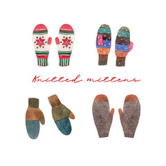 set of winter knitted mittens with hats, hand drawn watercolor