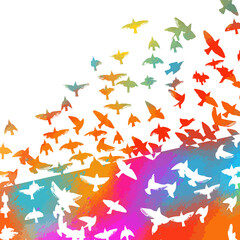 Bird watercolor. A flock of colorful birds. Mixed media. Vector illustration
