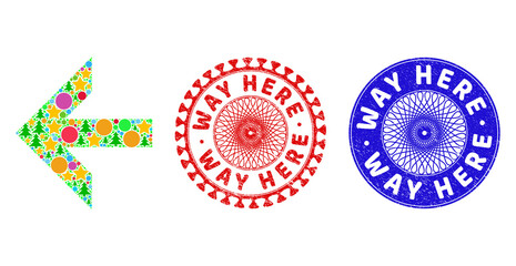 Arrow left composition of Christmas symbols, such as stars, fir trees, colored spheres, and WAY HERE textured watermarks. Vector WAY HERE seals uses guilloche pattern,
