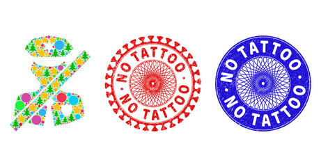 Closed police patrol mosaic of Christmas symbols, such as stars, fir-trees, color circles, and NO TATTOO unclean stamp seals. Vector NO TATTOO stamp seals uses guilloche pattern,
