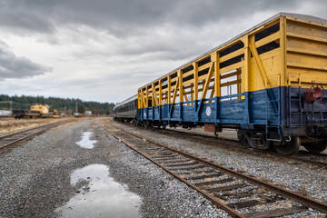 Fototapeta premium An empty train car sits on it's tracks at a railway station in Newport, Washington.