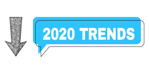 Speech 2020 Trends blue cloud frame and network arrow down. Frame and colored area are shifted for 2020 Trends label, which is located inside blue colored cloud.
