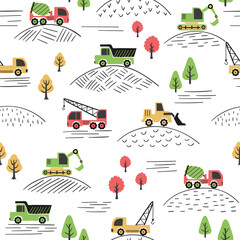Seamless construction trucks pattern. Colorful vector illustration with machines for kids. © Afanasia