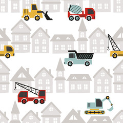 Fototapeta na wymiar Construction pattern with cartoon colorful trucks and buildings.