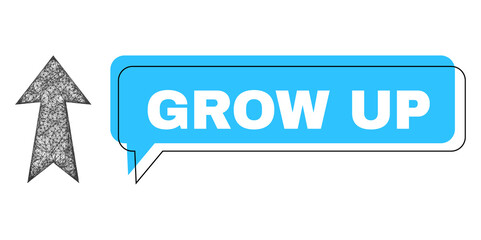 Chat Grow Up blue cloud frame and network arrow up. Frame and colored area are misplaced to Grow Up label, which is located inside blue colored speech balloon. Vector quote tag inside chat contour.