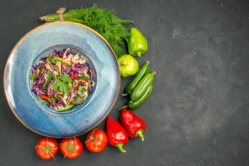 top view fresh cabbage salad with greens and vegetables on dark background health diet salad meal food ripe free space
