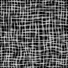 Watercolor seamless buffalo pattern of horizontal and vertical lines united in checks. Plaid checkered texture of thick and thin white lines on black. Trend for tablecloth, fabric, wallpaper