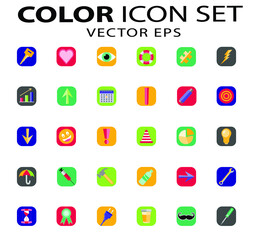 Flat multicolor vector icon set on colored squared backgrounds. Icons included pertain to lifestyle, food and drink, healthcare, industrial and miscellaneous objects. Fully editable. Royalty free.