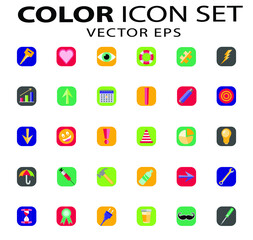 Flat multicolor vector icon set on colored squared backgrounds. Icons included pertain to lifestyle, food and drink, healthcare, industrial and miscellaneous objects. Fully editable. Royalty free.