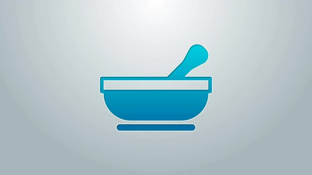 Blue line Mortar and pestle icon isolated on grey background. 4K Video motion graphic animation